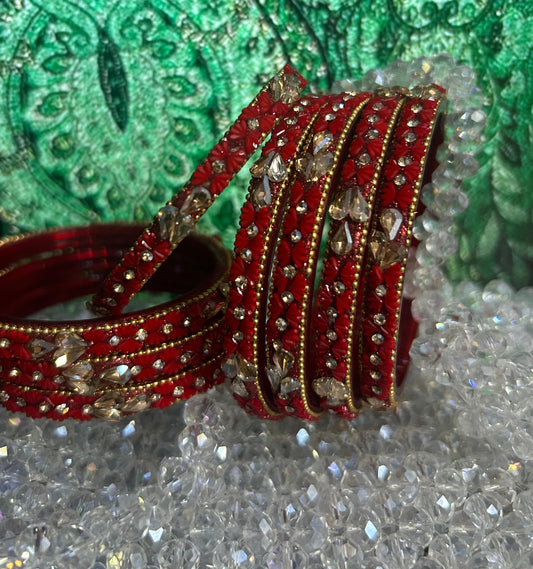 Royal Ruby Bridal Glass Bangles – Premium Kundan Stone Work (Set of 4)