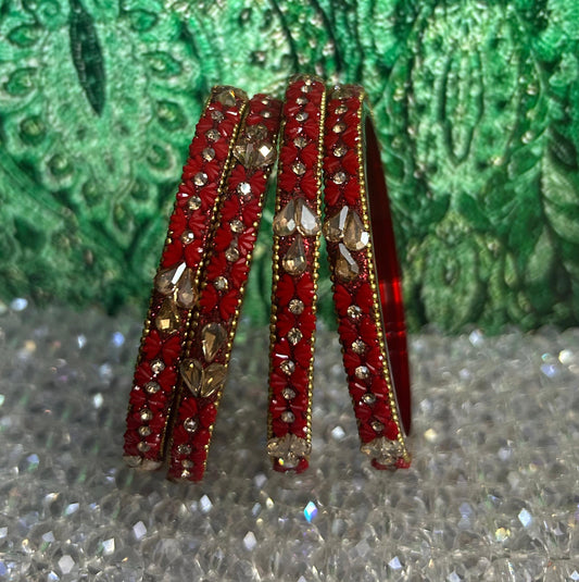 Royal Ruby Bridal Glass Bangles – Premium Kundan Stone Work (Set of 4)
